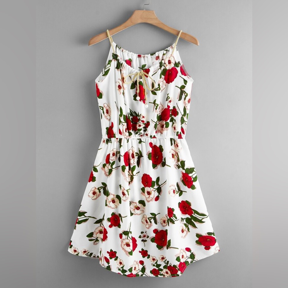 ROMWE Floral Dress with Red and Green Accents